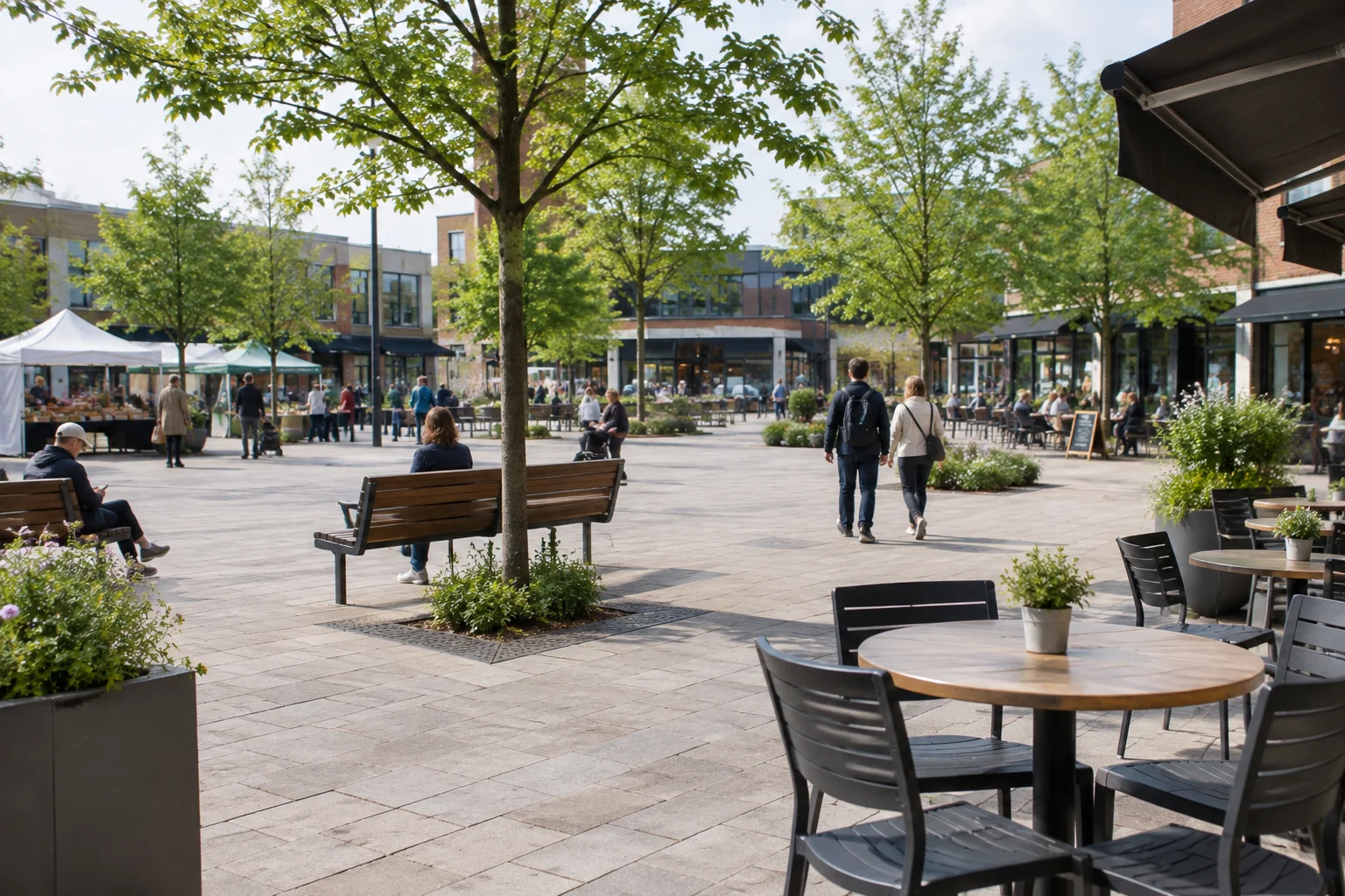 An ordinary paved public square with benches, planted trees and café tables outside anonymous shopfronts