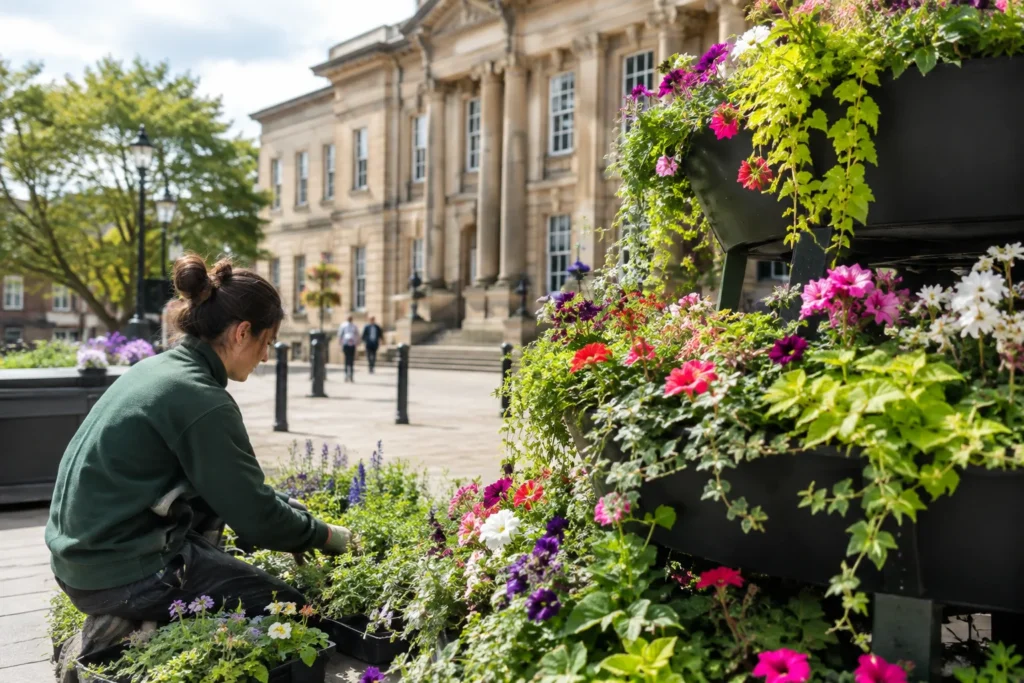 Gardener tending colourful planters beside a stone civic building
