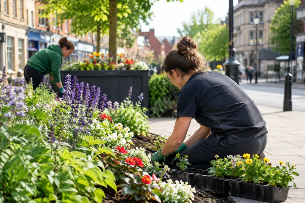 Two gardeners planting flowers in a raised bed beside a town-centre pavement