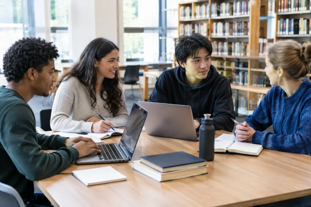 Students with laptops and notebooks around a library table