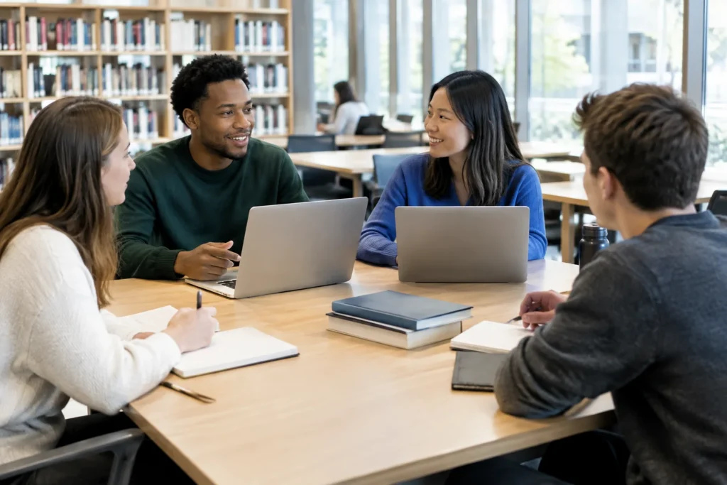 Four students discussing coursework with laptops and notebooks in a library