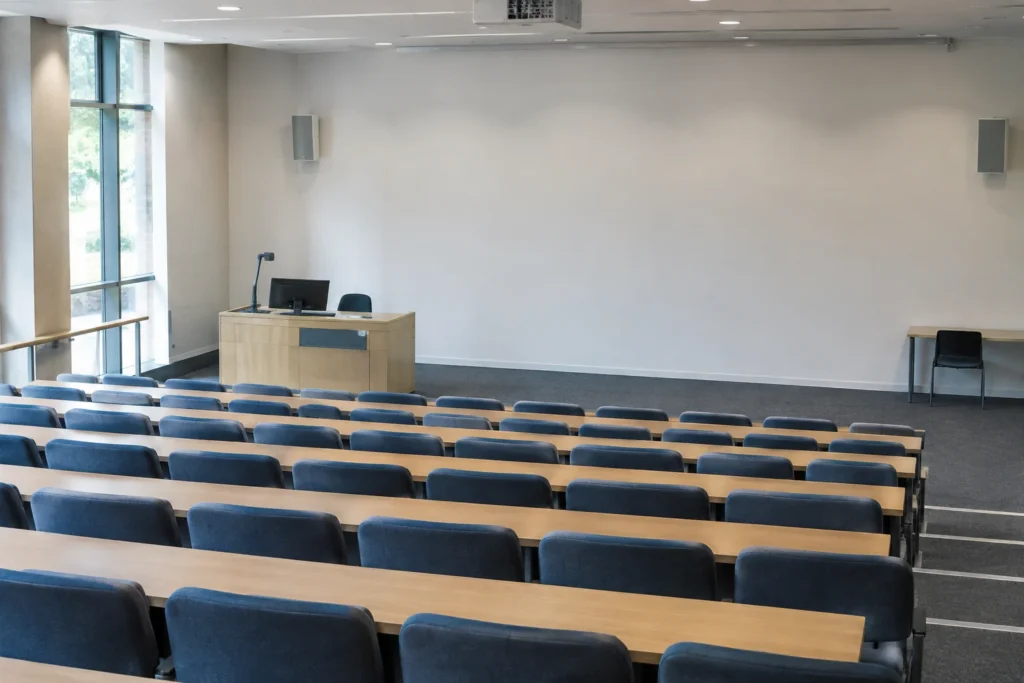 An empty university-style lecture theatre with rows of seats facing a blank wall