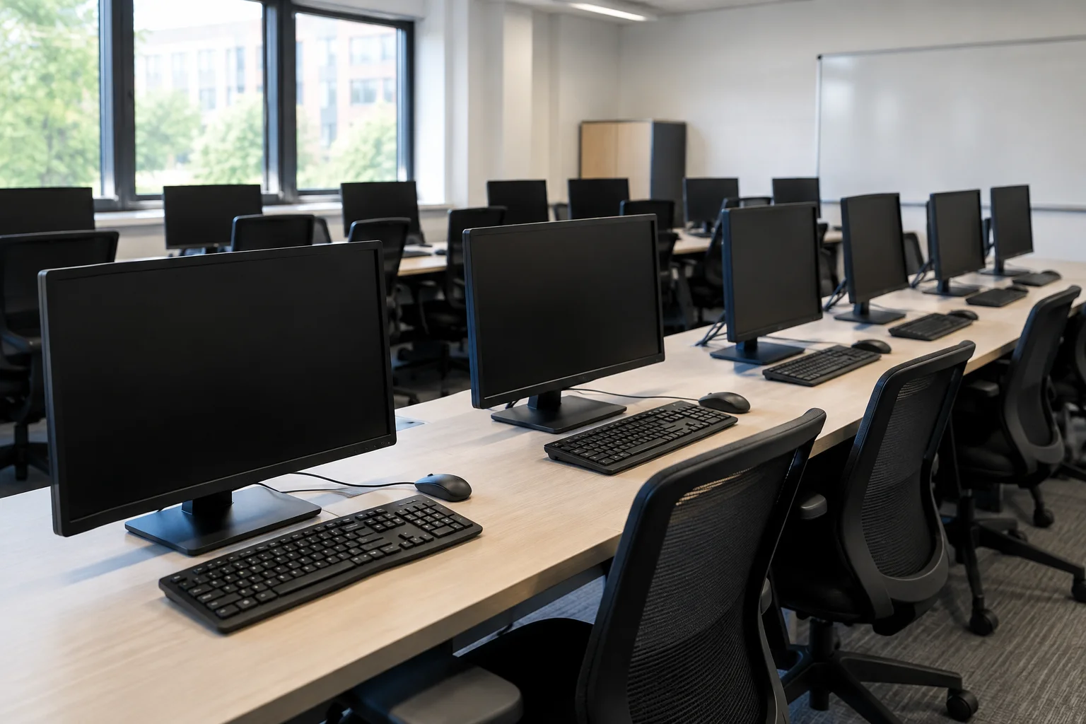 An unoccupied computer laboratory with dark monitors and neatly arranged keyboards