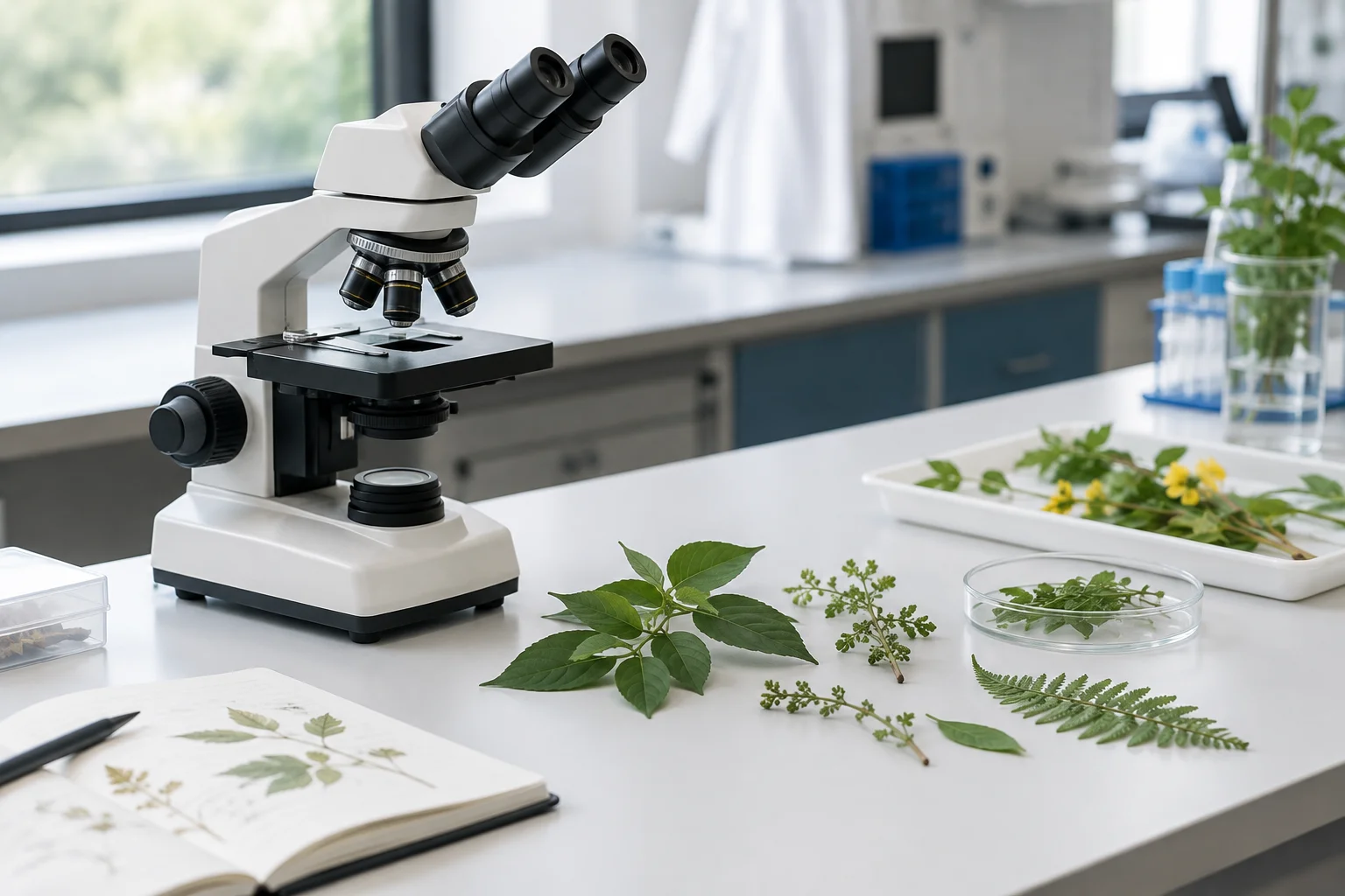 A microscope beside plant specimens on a clean laboratory bench