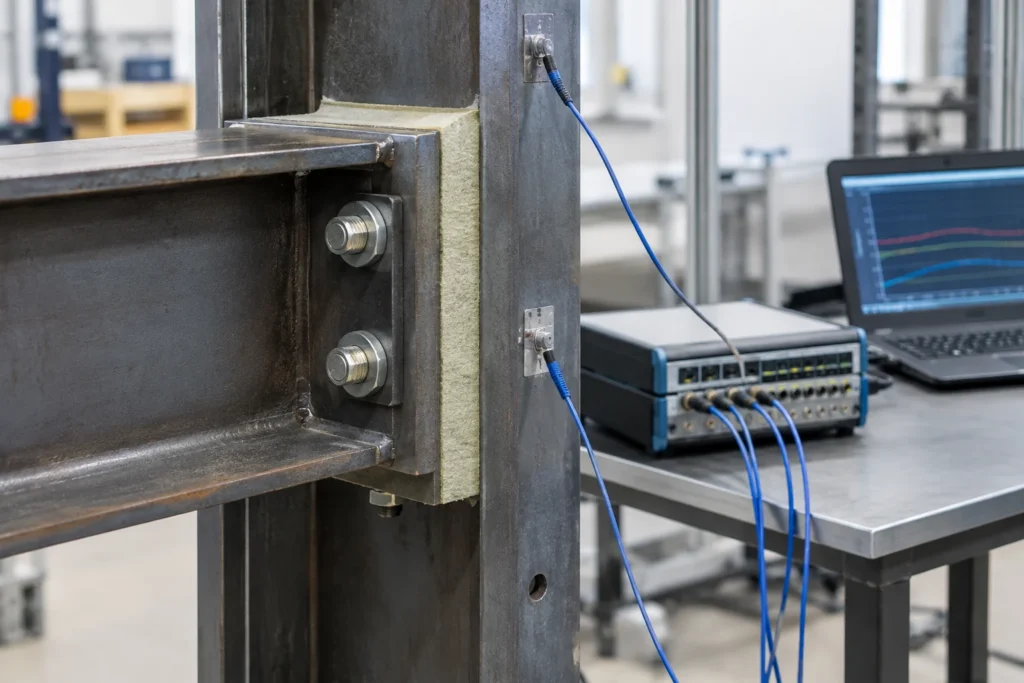 Close-up of a steel connection with an insulating pad beside laboratory measuring equipment