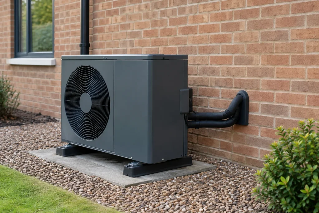 An outdoor heat-pump unit beside a plain brick house wall with pipework entering the building