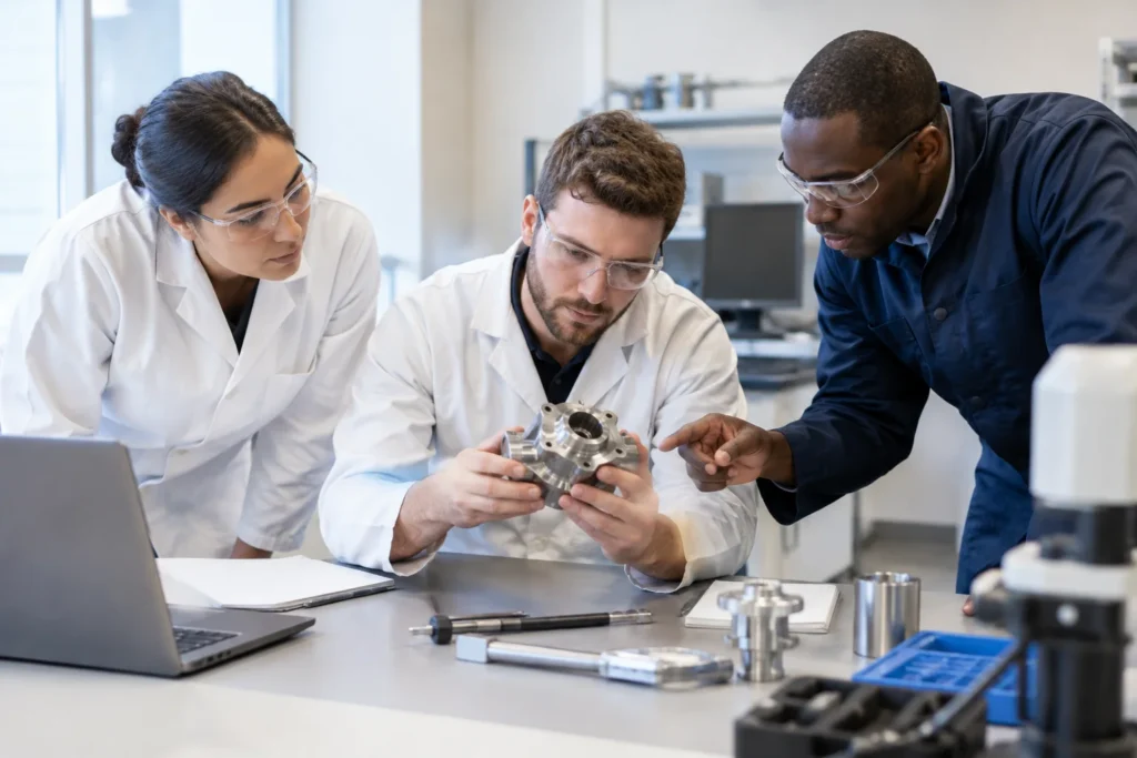 Anonymous researchers and an engineer examining a metal component on a laboratory workbench