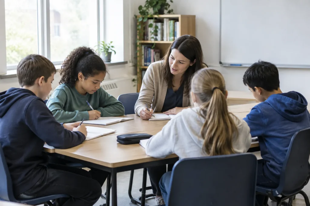 Tutor helping pupils with notebooks around a classroom table