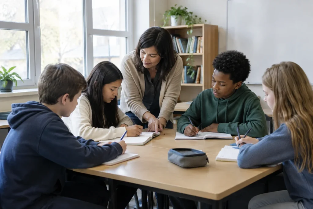 Tutor helping four pupils with notebooks around a classroom table
