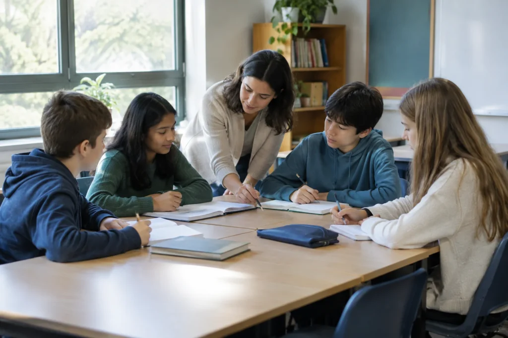 Pupils working on written exercises with a tutor at a table