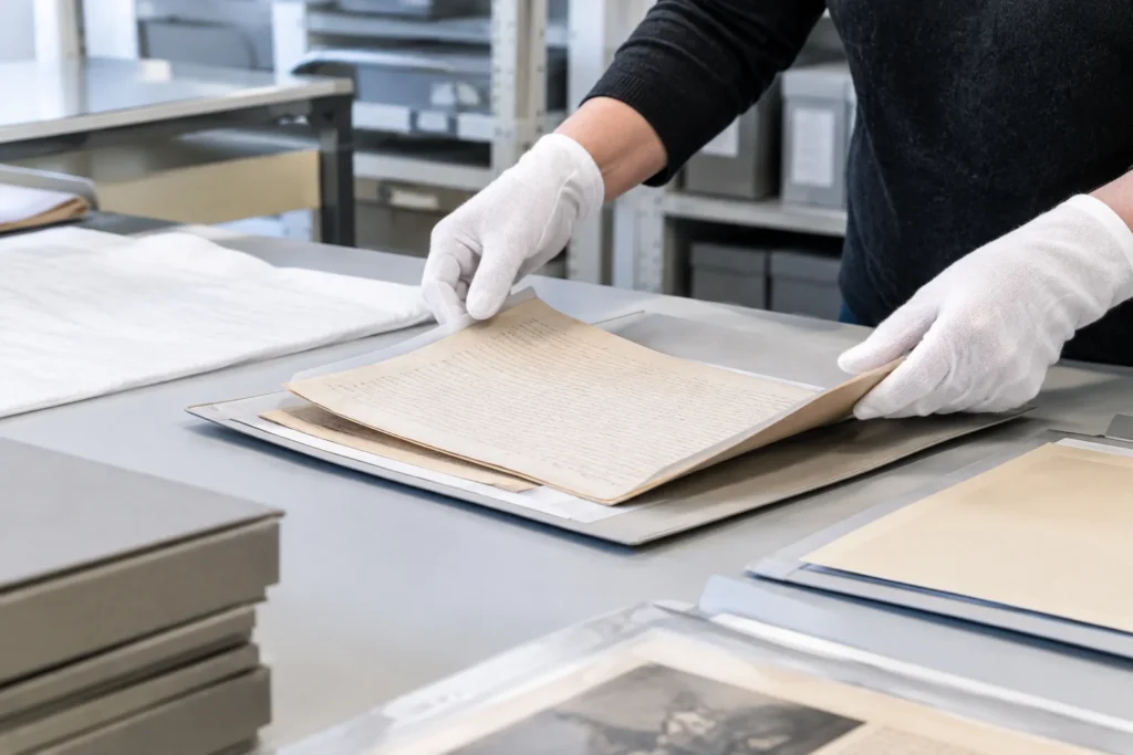 Anonymous hands arranging paper documents in protective folders at a clean archive workbench, with no legible text