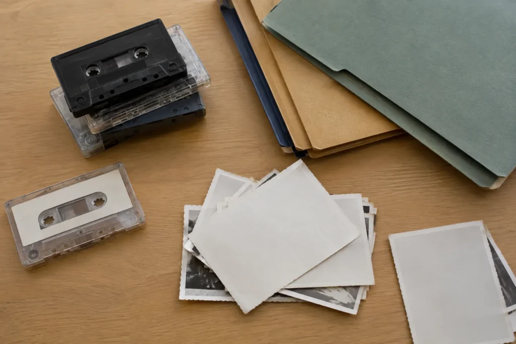 An overhead view of unlabelled cassette tapes, closed folders and face-down photographs on a plain table