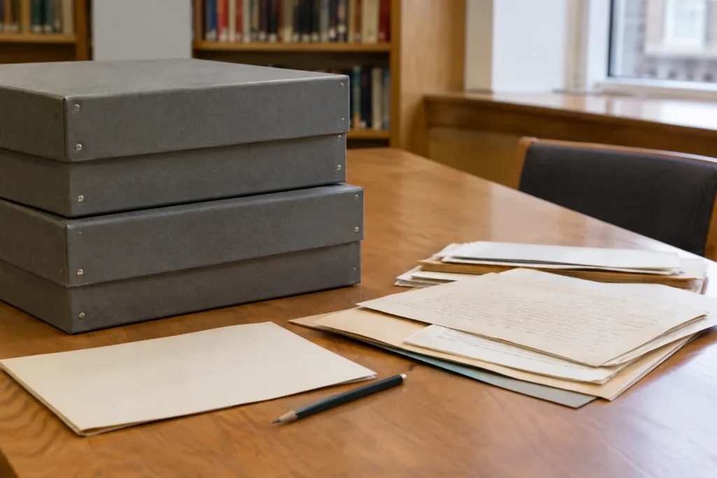 Closed archival boxes beside loose papers and a pencil on a wooden reading table, with no visible writing or labels