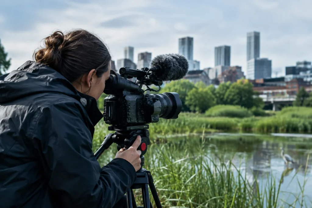 Camera operator filming birds beside an urban wetland