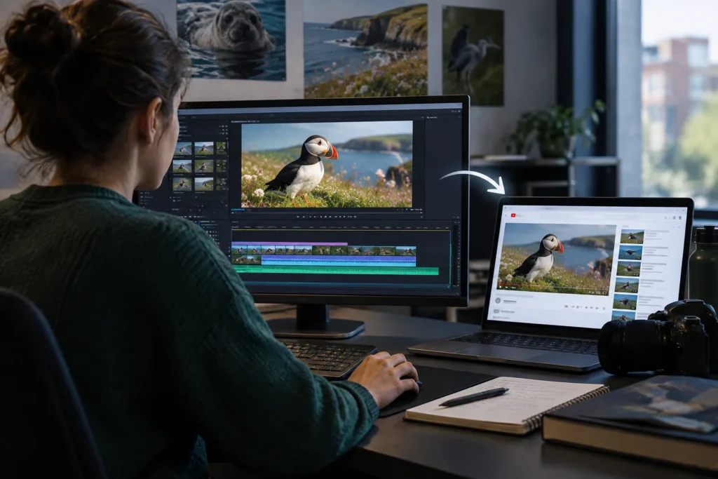 Editor viewing puffin footage on a monitor and laptop