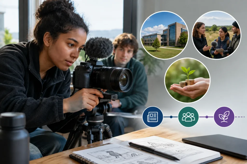 Montage of filmmakers with a camera, a campus building and funding symbols