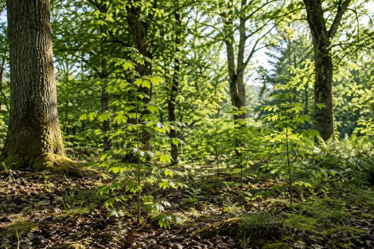 Young leafy saplings growing beneath mature deciduous trees in a sunlit woodland