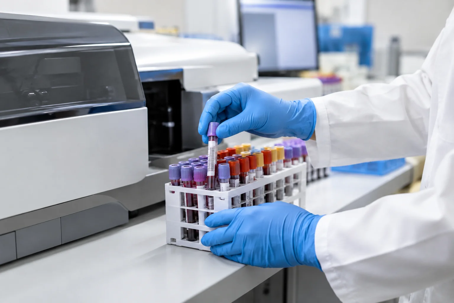 Gloved hands arranging capped sample tubes in a rack beside a laboratory analyser, with no readable labels or visible faces