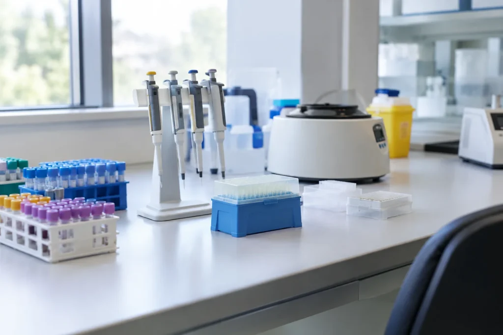 A clean laboratory workbench with sample racks, pipettes and closed equipment in soft daylight, without readable labels or displays