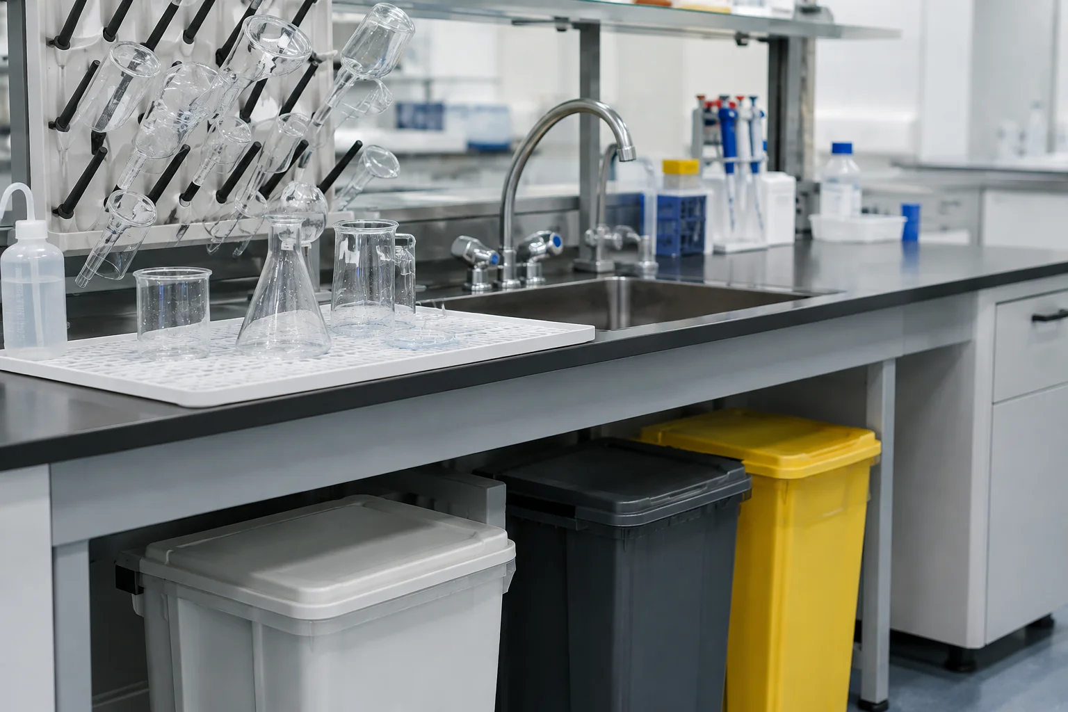 Reusable glassware drying beside a laboratory sink, with plain waste containers beneath the workbench and no readable markings