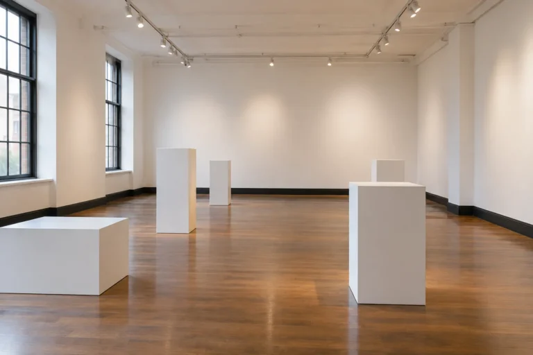An unoccupied exhibition room with freestanding display plinths and blank walls