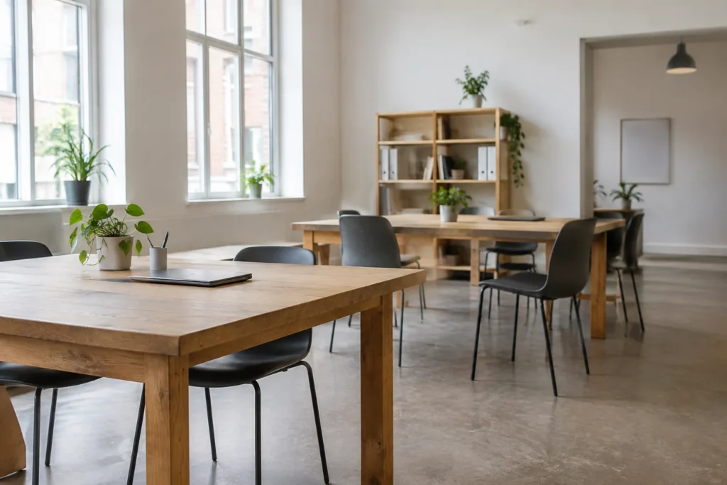 An empty shared workspace with wooden desks, plain chairs and soft daylight