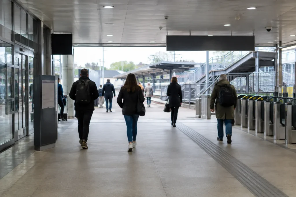 Passengers walking through a station concourse towards platforms