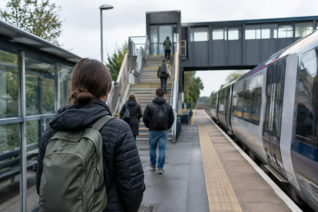 Passengers beside a train and stairs leading to a footbridge