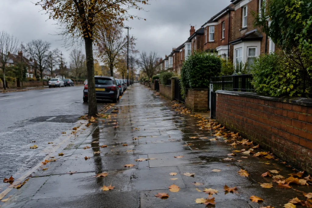 Rain-darkened residential pavement with scattered autumn leaves beneath an overcast sky