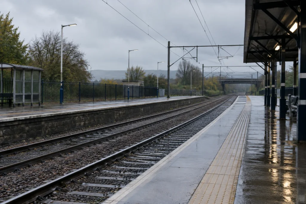 Empty railway tracks beside a wet station platform under grey skies, with no readable signs