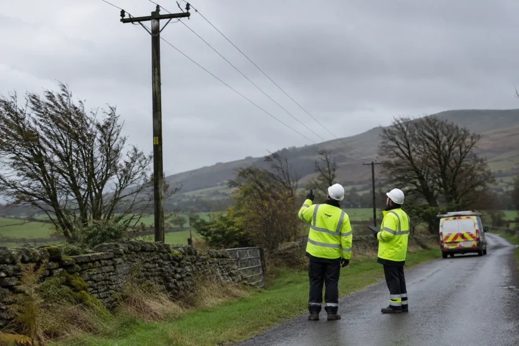 Anonymous utility workers inspecting overhead electricity cables from ground level beside a rural lane