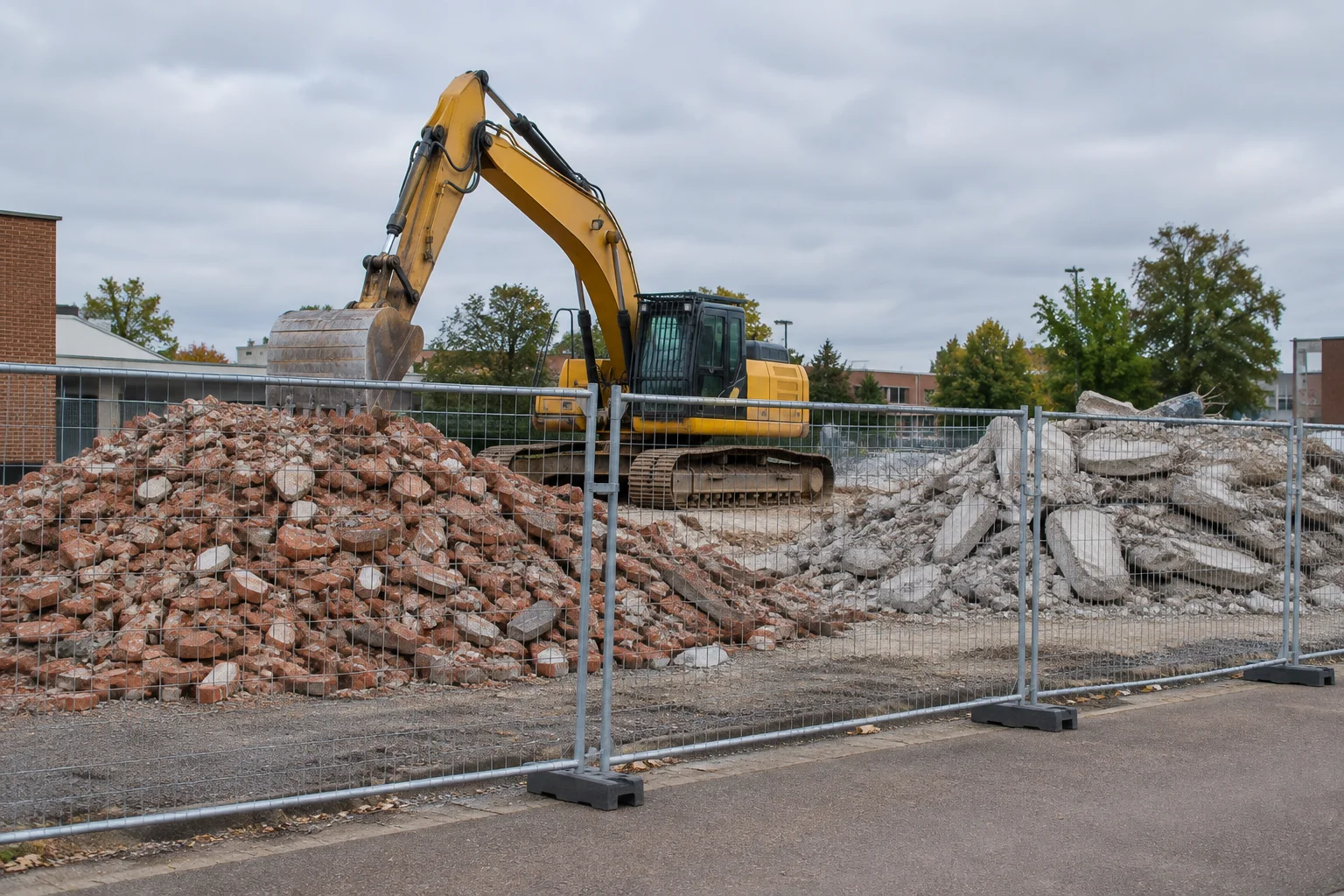 An excavator beside separated piles of brick and concrete behind construction fencing, with no workers or readable signs