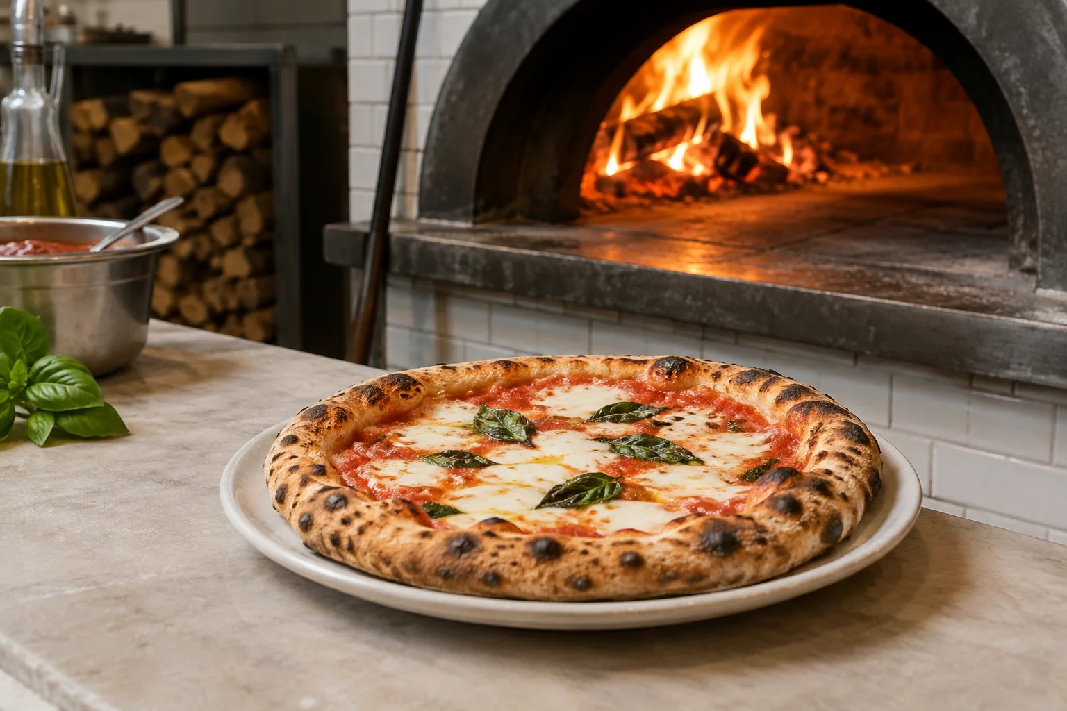 Fresh pizza on a plain ceramic plate beside a wood-fired oven in an unbranded restaurant kitchen