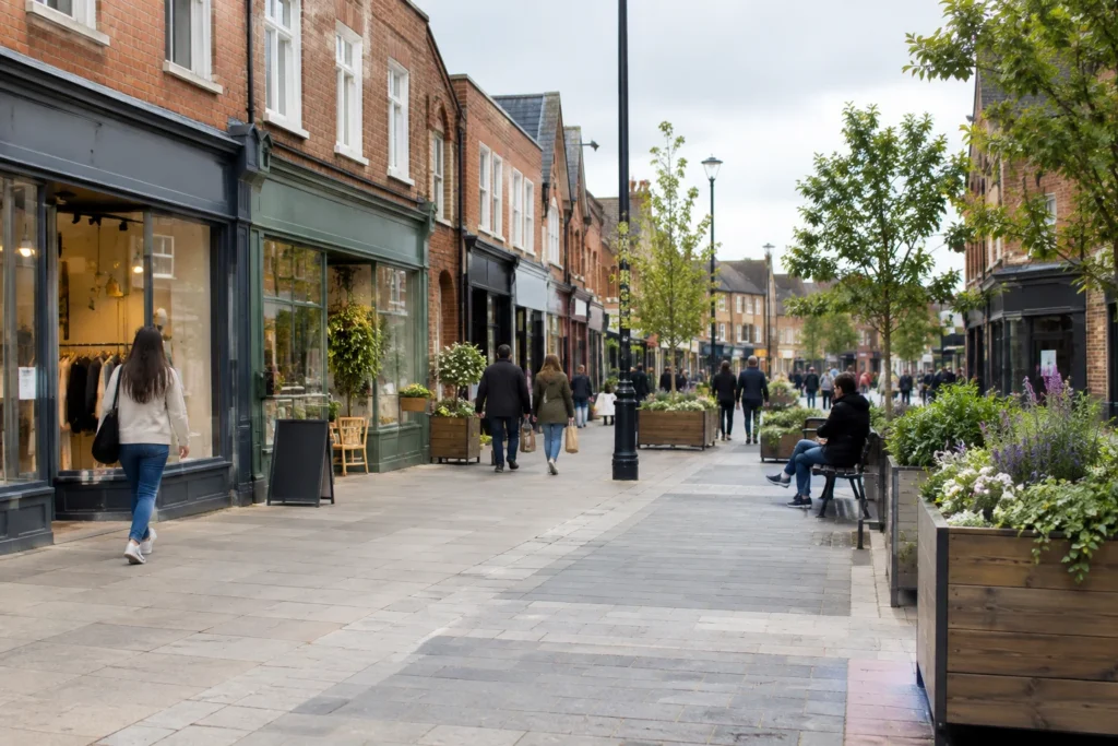 An open-air shopping street with brick shopfronts, planters and anonymous pedestrians, with no readable signs or logos