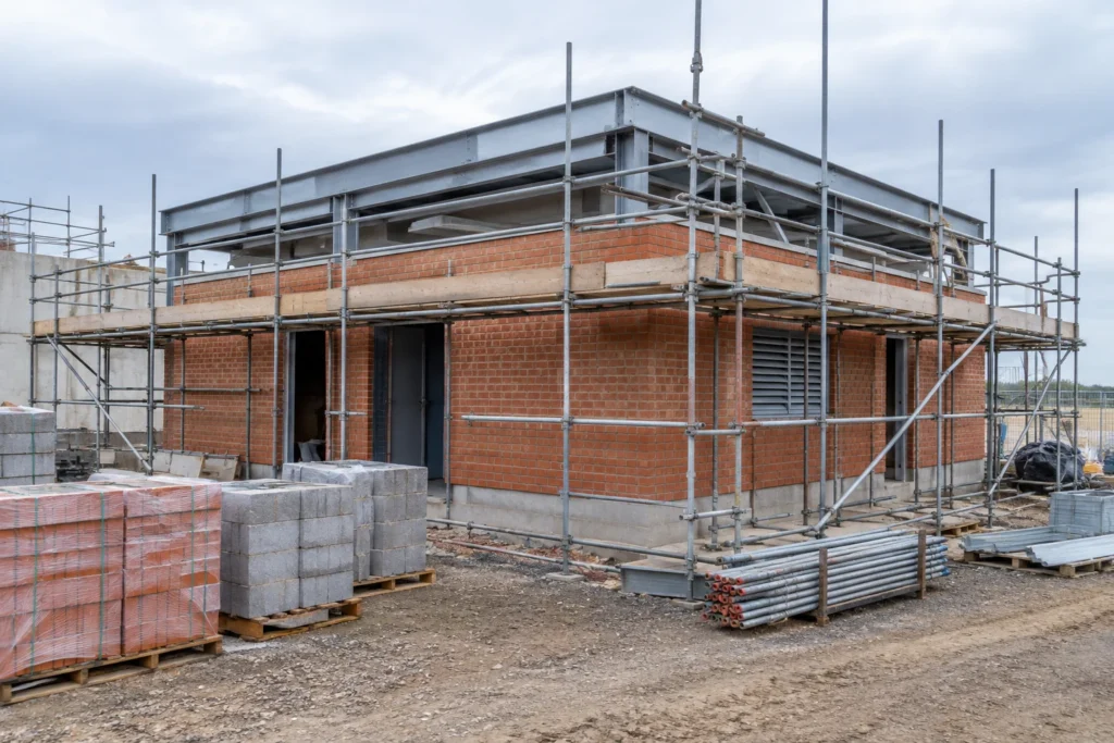 Brick walls, steel framing and scaffold platforms around a small utility building under construction, with no people, logos or readable text.