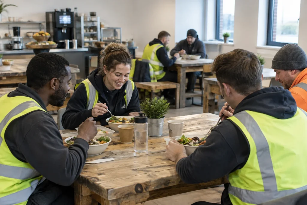 Anonymous construction workers in plain workwear eating freshly prepared lunches at reclaimed wooden tables in a simple staff dining room, without logos or readable text.