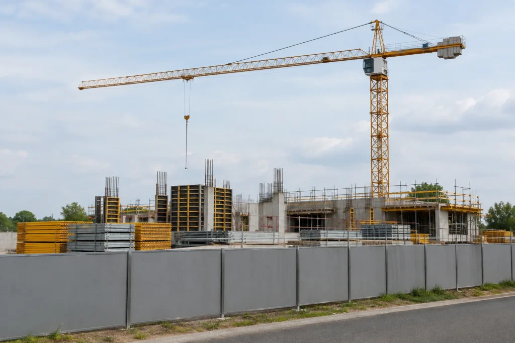 A tower crane above an anonymous construction site with concrete forms and neatly stacked building materials, viewed from outside a plain boundary fence, without visible logos or readable text.