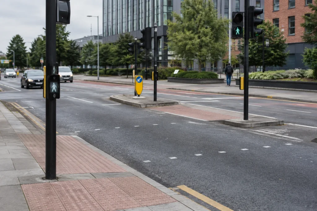 A pedestrian crossing with tactile paving, signal poles and a central refuge on an urban road