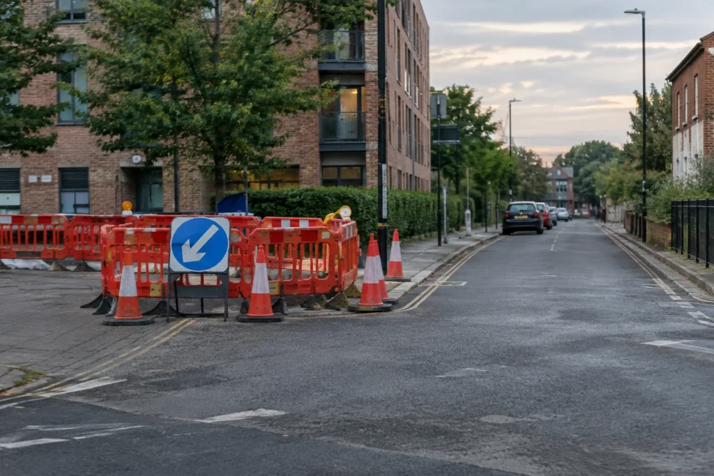 An urban side-street junction with temporary barriers and traffic cones beside a clear access lane
