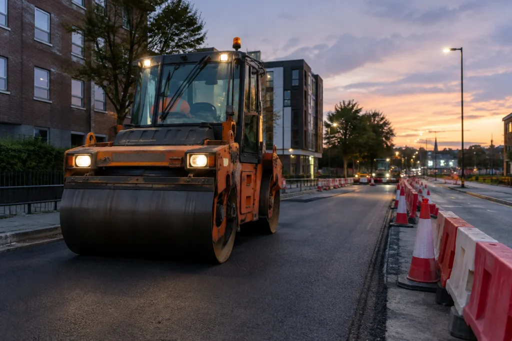 A road roller beside fresh asphalt and temporary barriers on an urban street at dusk