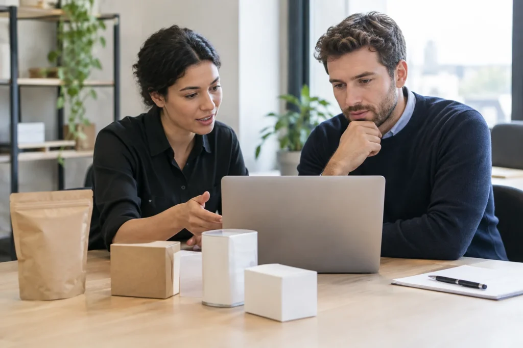 Anonymous colleagues discussing a laptop beside plain sample packaging in a business workspace