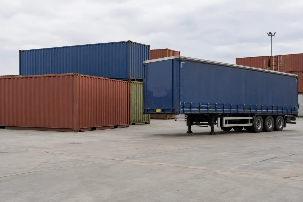 Unmarked shipping containers beside a stationary freight trailer in a logistics yard