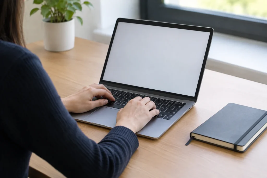 An anonymous person typing on a laptop beside a closed notebook on an uncluttered desk