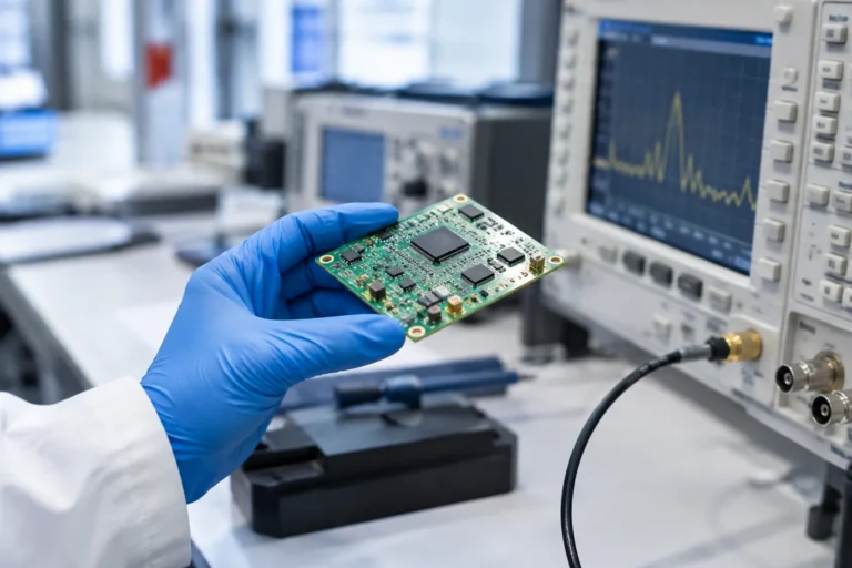 A gloved hand holding an electronic circuit board beside laboratory testing equipment