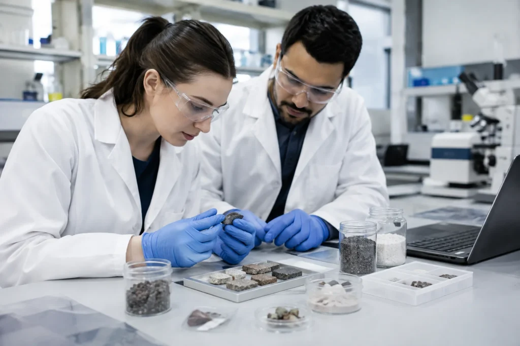 Anonymous researchers examining material samples on a laboratory workbench