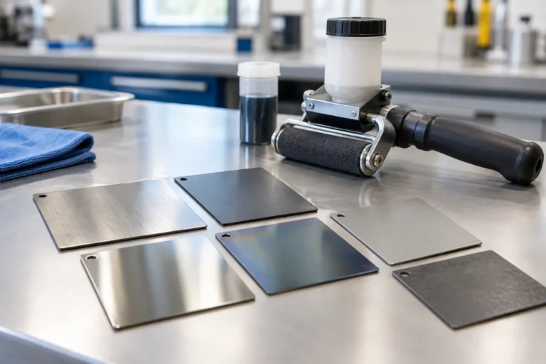 Metal sample panels beside a coating applicator on a clean workshop bench