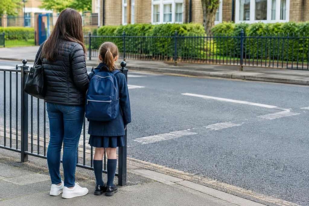 An anonymous adult and child waiting behind the kerb beside school railings, viewed from behind