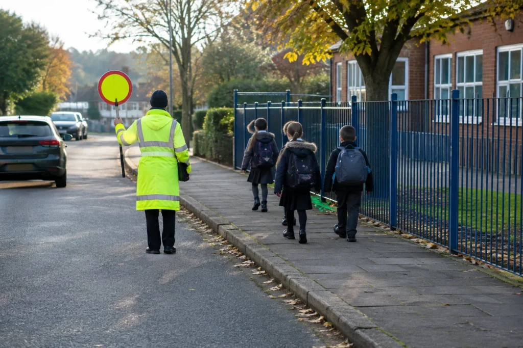 A quiet residential road beside a pavement and plain school railings in soft autumn daylight