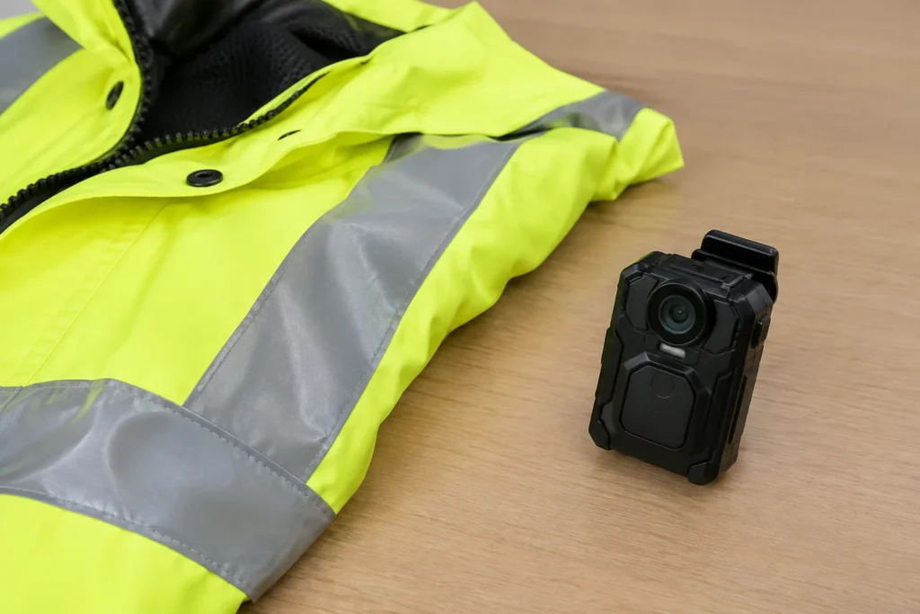 A close-up of a fluorescent waterproof coat and a compact body-worn camera on a plain table