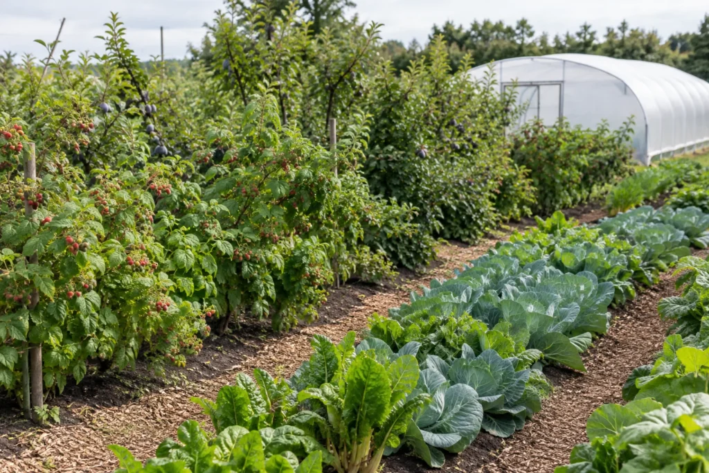 Rows of leafy vegetables beside fruit shrubs, with a plain polytunnel in the background
